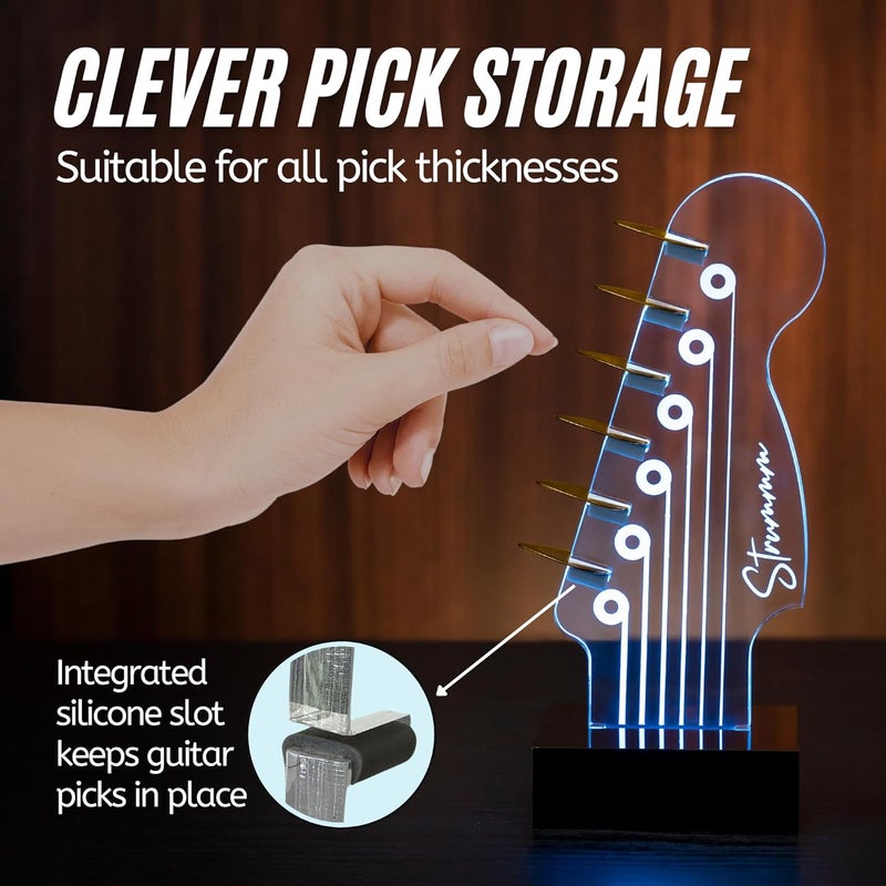 Strummm Light Up Guitar Pick Holder – 7-Color Changing LED Pick Storage Display & Night Light – USB Powered Novelty Room Decor, Holds 6 Picks – Cool Guitar Gift for Men, Musicians & Guitarists - Image 3